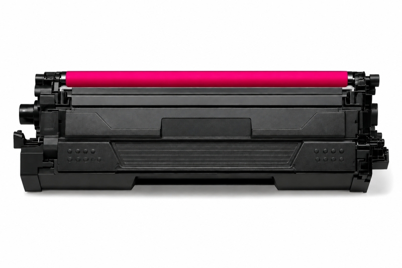 Cartucho de toner preto com cilindro rosa sobre fundo branco