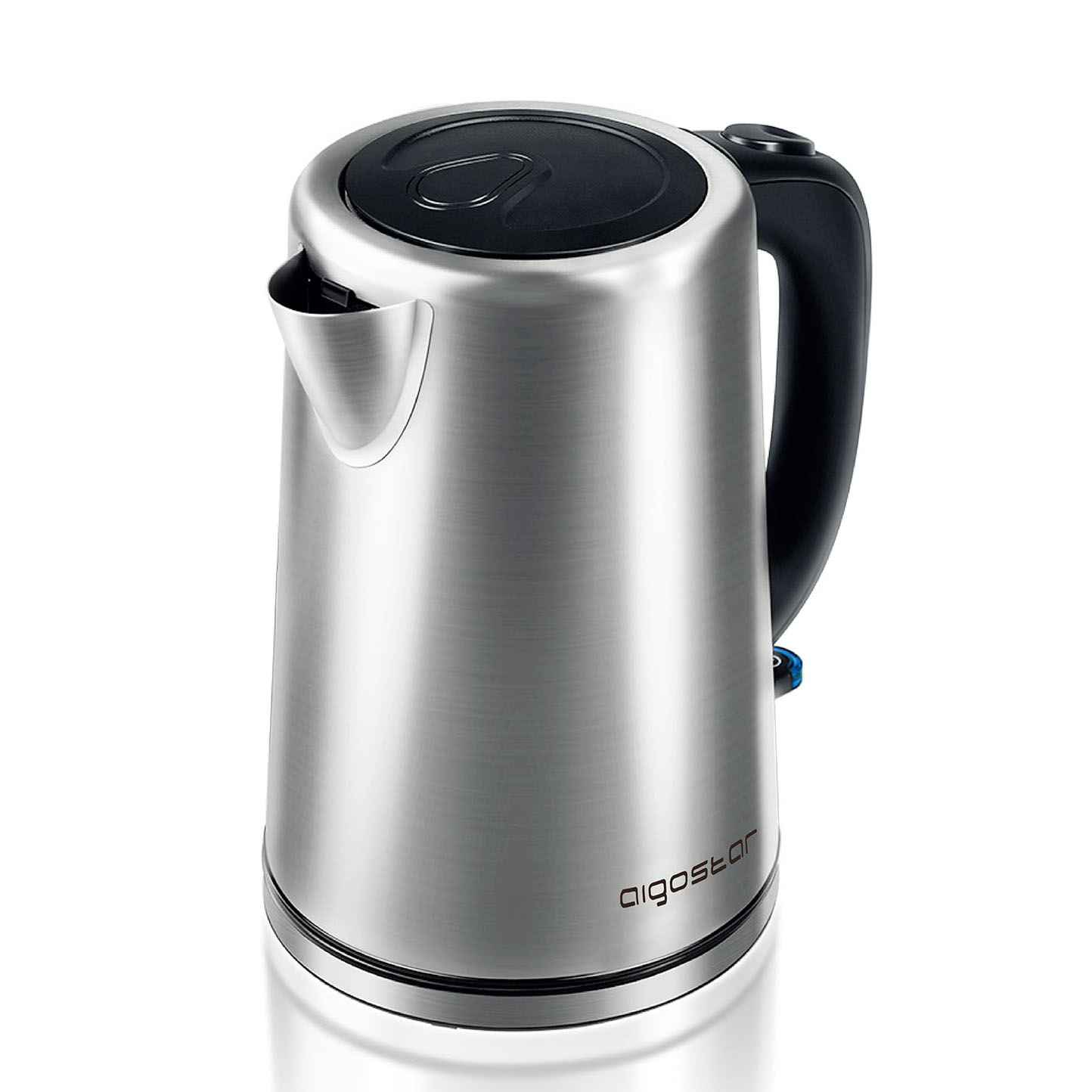 Bule elétrico de aço inoxidável com pega e tampa pretas e marca aigostar