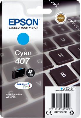 Embalagem de tinteiro Epson cian 407 com texto e teclado ao fundo