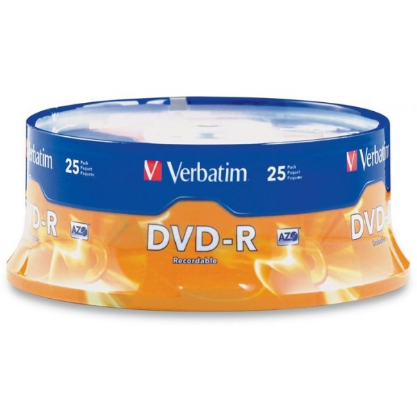 Pacote de 25 DVDs graváveis Verbatim DVD-R com embalagem azul e laranja