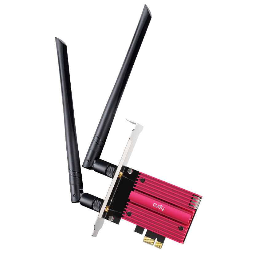 Placa de rede Wi-Fi PCIe vermelha com antenas pretas e texto cudy
