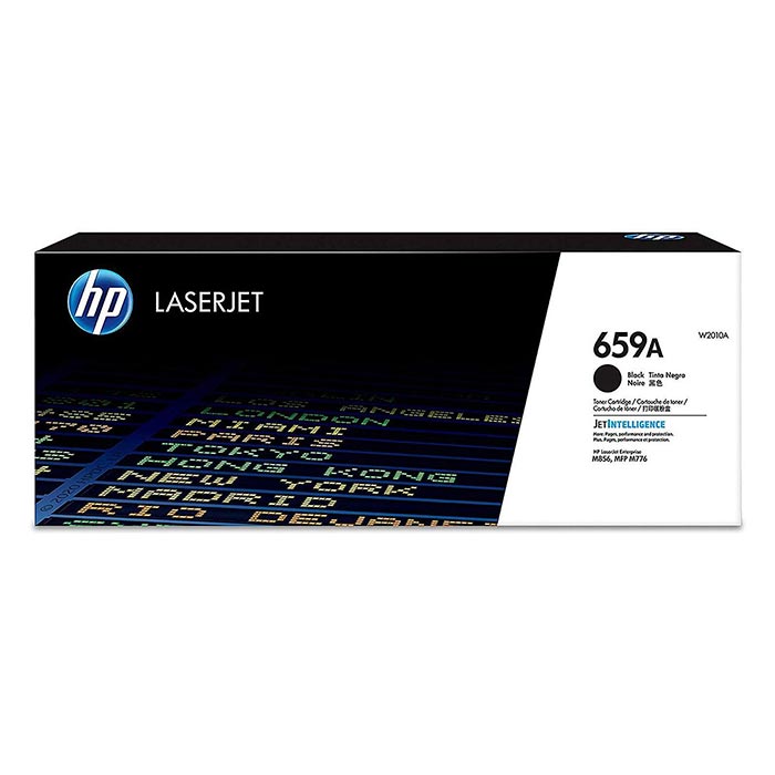 Embalagem de toner HP LaserJet 659A preta com texto e gráficos futuristas