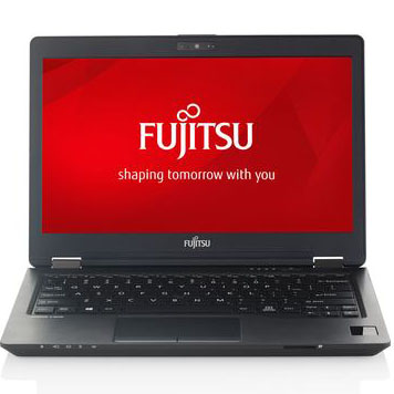 Portátil preto Fujitsu com texto branco no ecrã em fundo vermelho