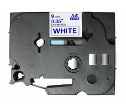 Fita de rotulador laminada branca com suporte plástico preto e etiqueta azul e branca