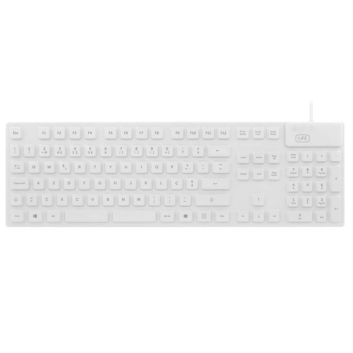 Teclado branco com teclas em português e logótipo 1LIFE