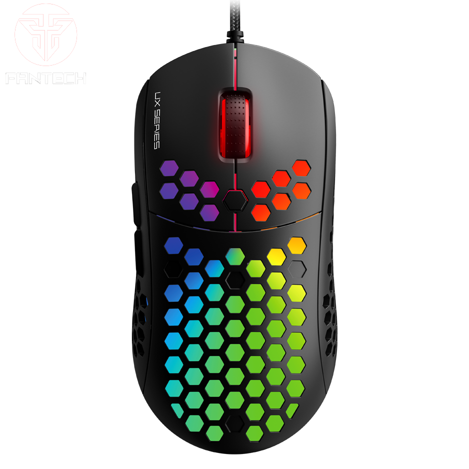Rato gaming PANTECH LUX SERIES preto com iluminação RGB e padrão de favo de mel