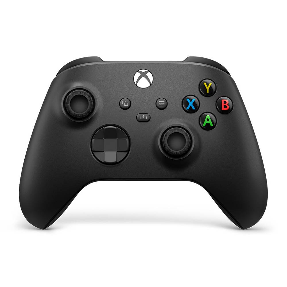 Comando de videojogo Xbox preto com botões coloridos e fundo branco