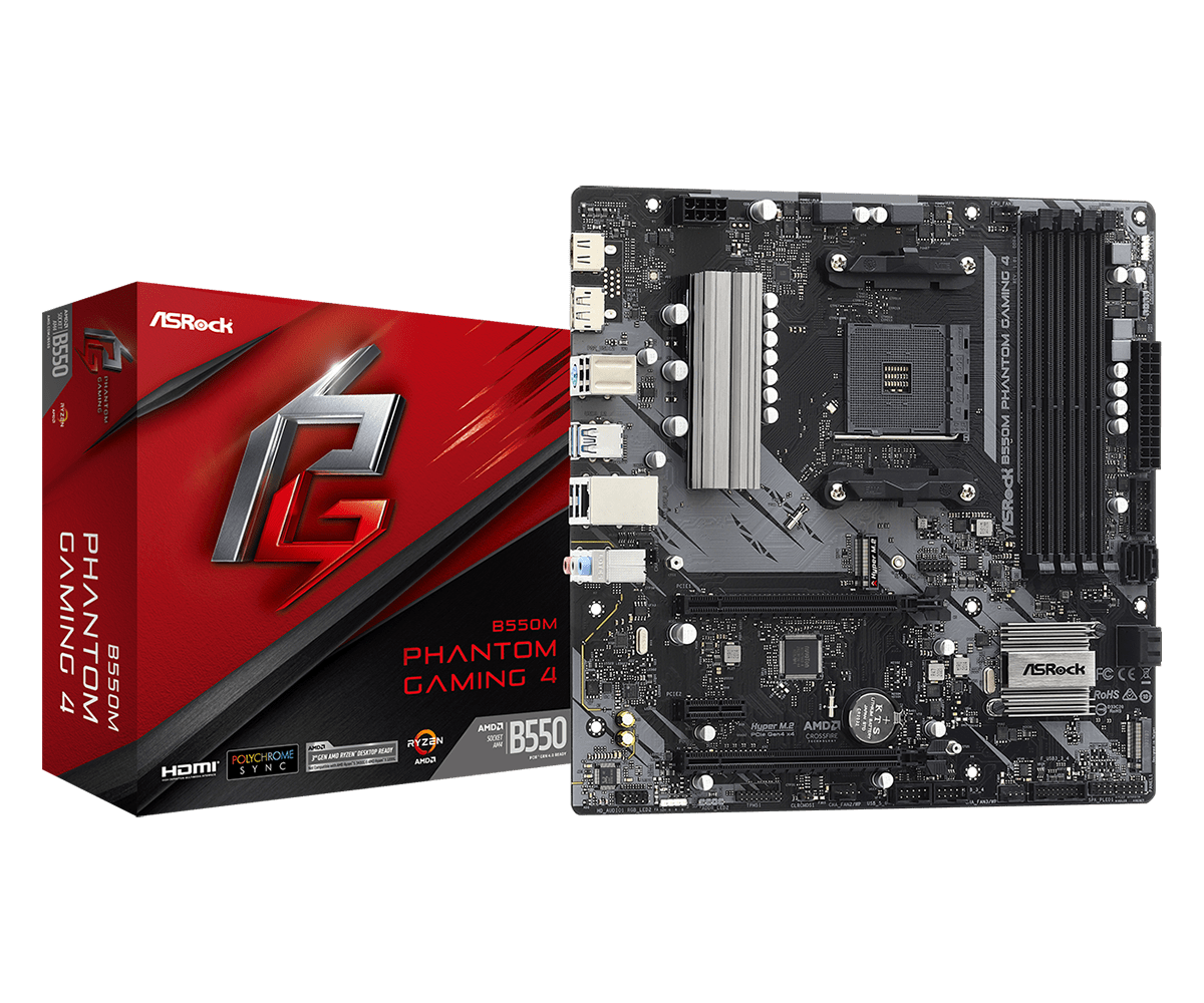 Placa-mãe ASRock B550M Phantom Gaming 4 com caixa vermelha e preta.