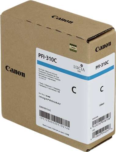 Embalagem de cartucho de tinta Canon PFI-310C cor ciano com etiquetas e códigos de barras