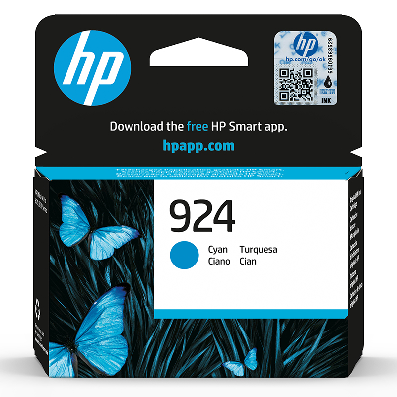 Embalagem preta com borboletas azuis para tinteiro HP 924 ciano
