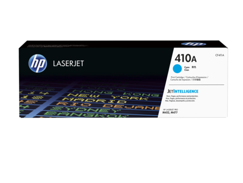 Caixa de toner HP LaserJet 410A ciano com texto JetIntelligence