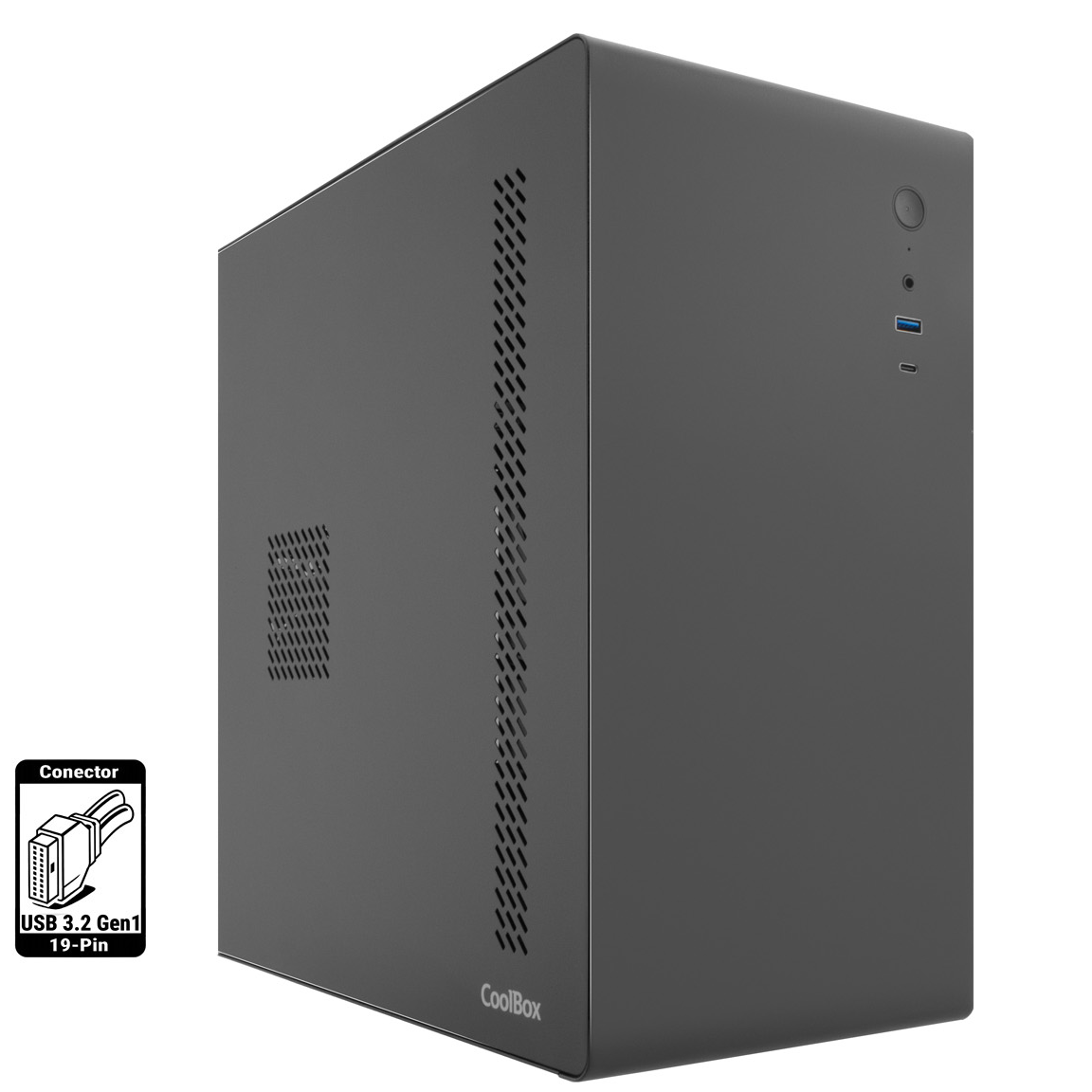 Computador de secretária preto CoolBox com ventilação lateral e portas USB