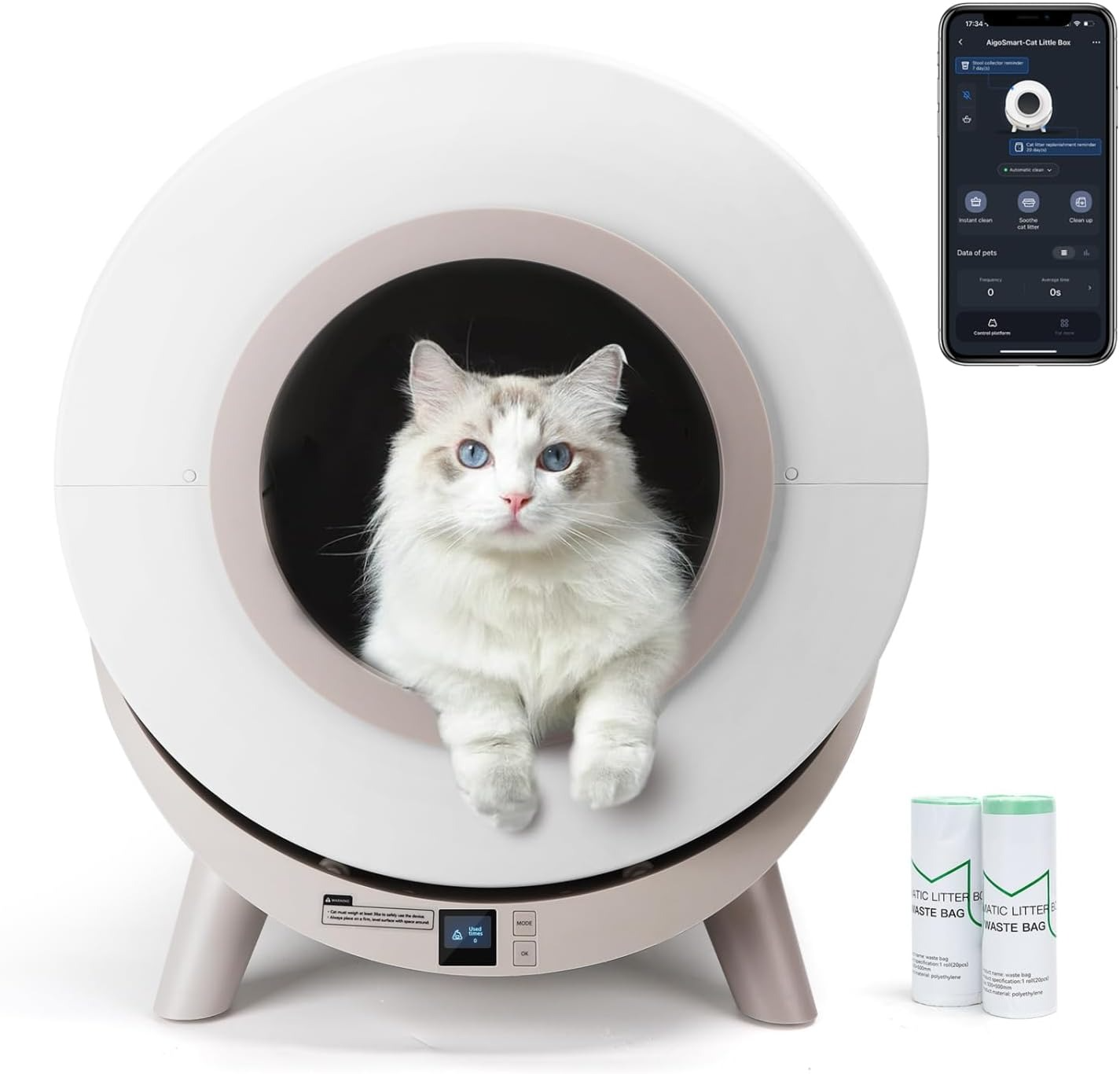 Casa de banho automática para gatos branca e bege com gato no interior e telemóvel com app