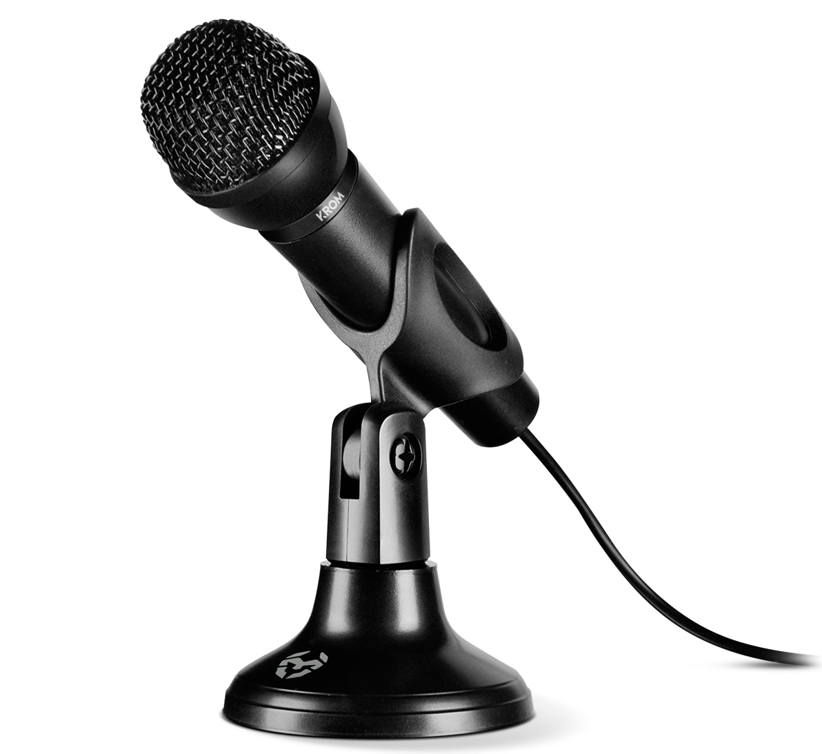Microfone de base preta com suporte ajustável e cabo