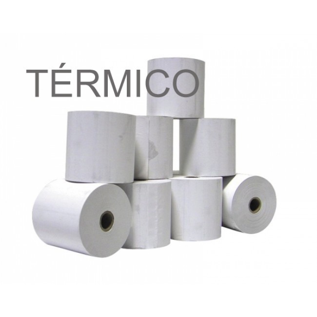 Rolos de papel térmico branco com texto TÉRMICO ao fundo