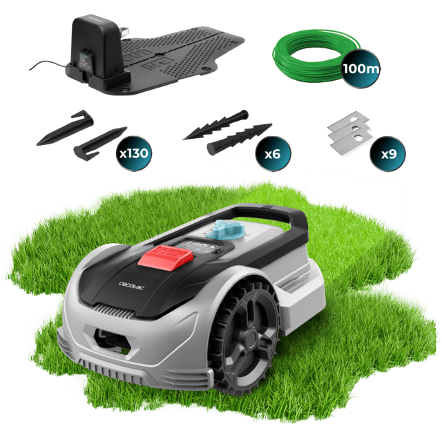 Robô cortador de relva com acessórios numa superfície de relva verde