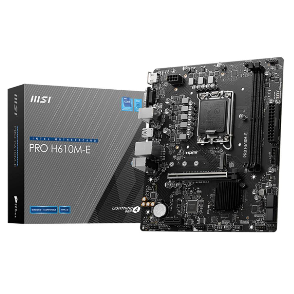 Placa-mãe MSI PRO H610M-E preta com caixa cinza e texto azul e branco