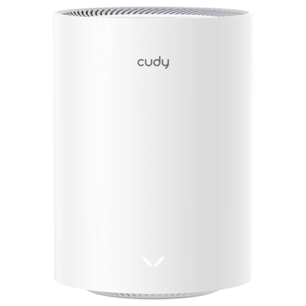 Roteador Wi-Fi branco cilíndrico com marca Cudy
