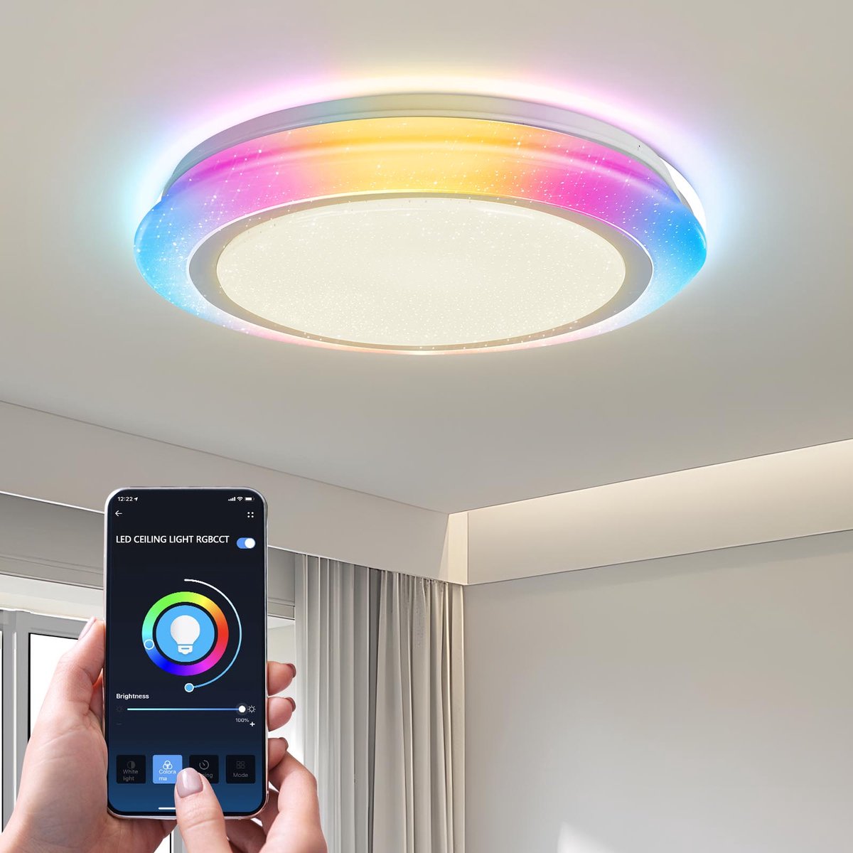 Luz de teto LED redonda com anel exterior colorido e controlo por smartphone
