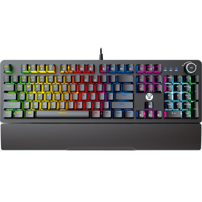 Teclado mecânico gaming preto com retroiluminação RGB colorida e descanso de pulso