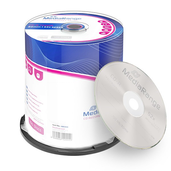 Pack de 100 CDs MediaRange CD-R em embalagem plástica azul, branca e rosa, disco em destaque