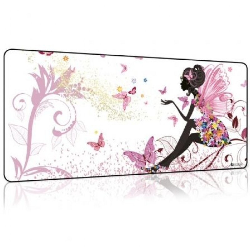 Tapete decorativo branco com fada em silhueta preta e borboletas cor de rosa