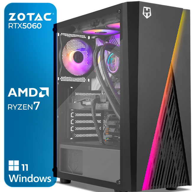 Computador de secretária preto com iluminação RGB e laterais em vidro temperado