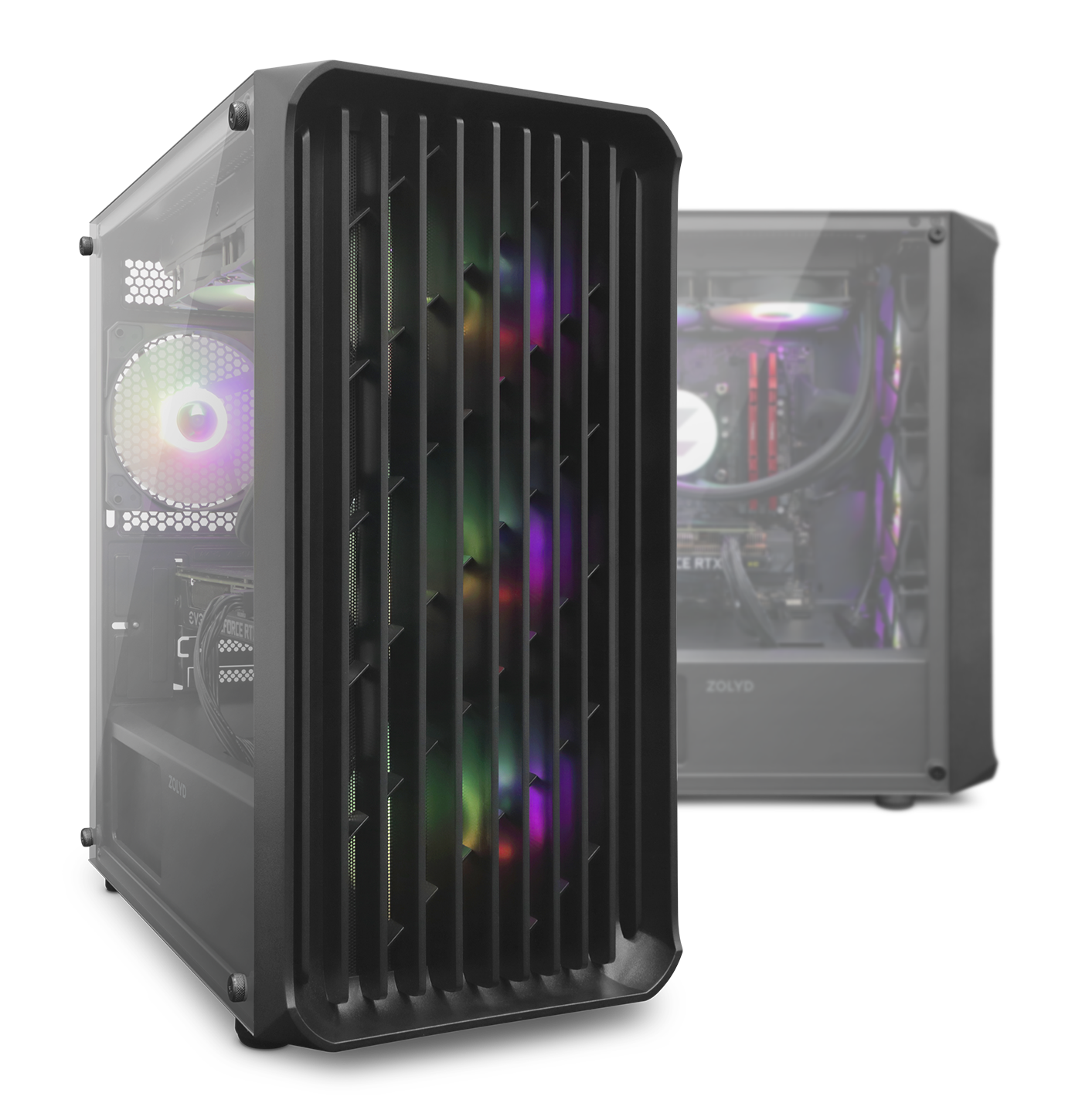 Computadores de secretária com caixas pretas e ventoinhas RGB