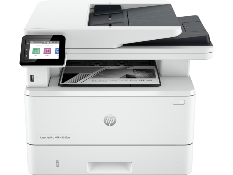 Impressora HP LaserJet branca com ecrã tátil e bandeja de papel