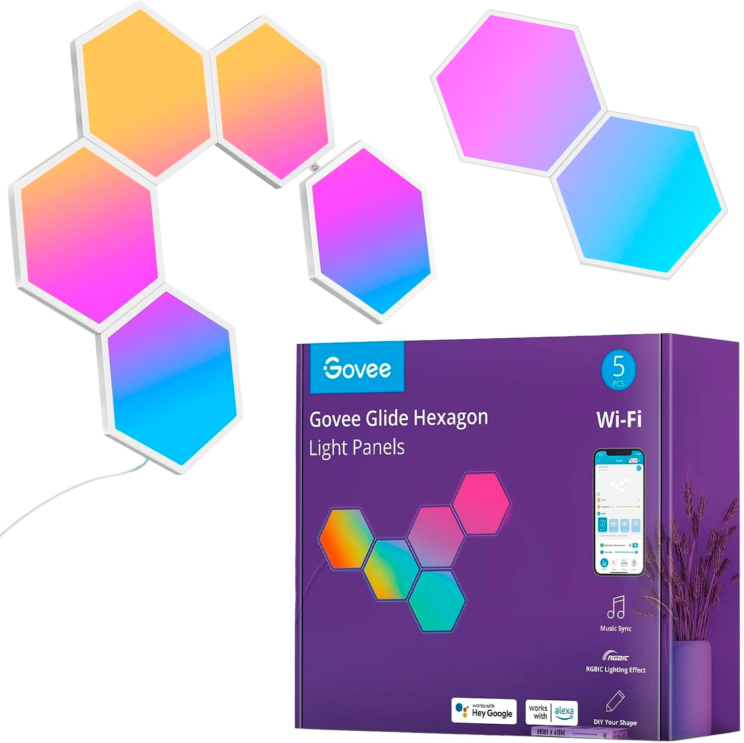Painéis de luz hexagonais coloridos Govee Glide com caixa roxa