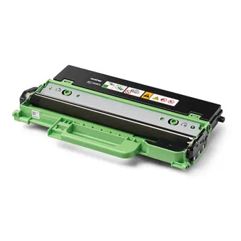 Cartucho de toner preto com base verde e etiquetas de aviso no topo