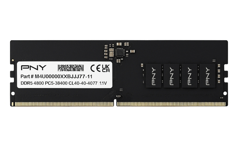 Módulo de memória RAM DDR5 preto com etiqueta branca da PNY