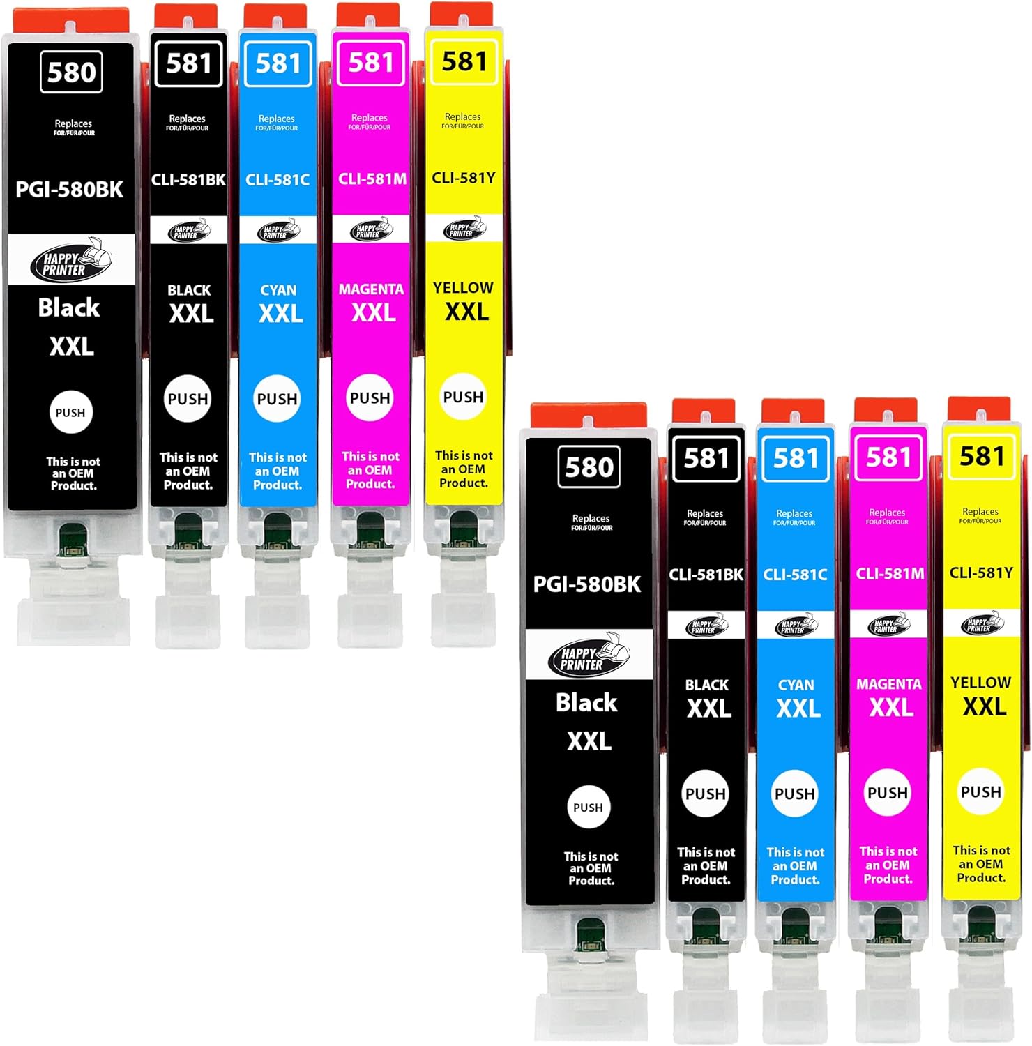 Cartuchos de tinta para impressora em várias cores com etiquetas coloridas e texto