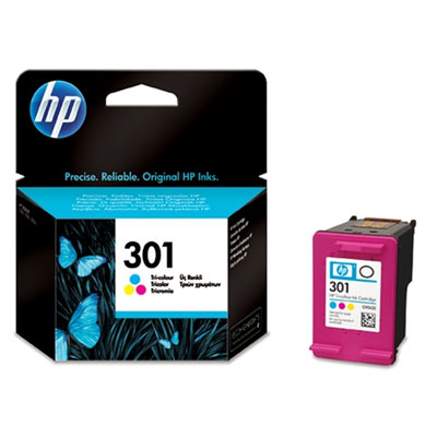Pack de tinta HP 301 Tricolor com cartucho e embalagem