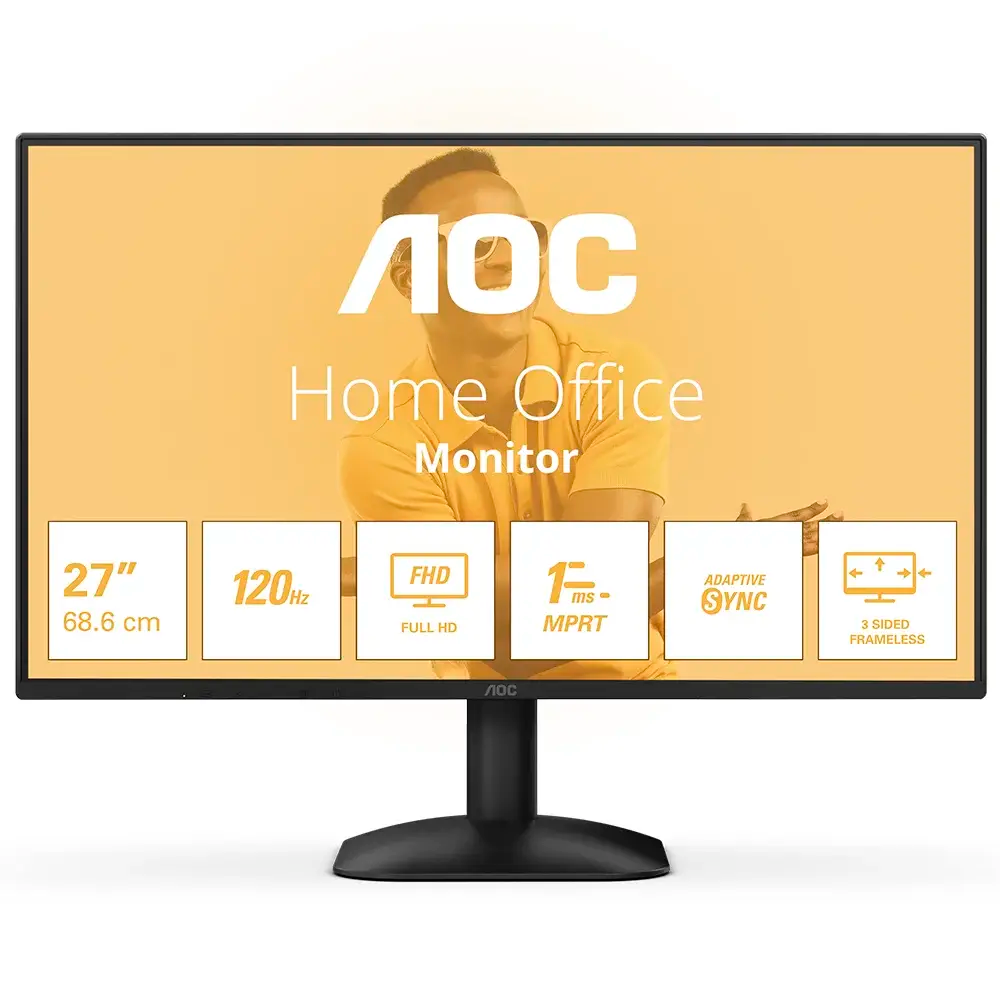 Monitor AOC Home Office 27 polegadas com especificações técnicas visíveis no ecrã