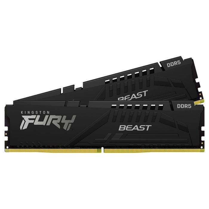 Dois módulos de memória RAM Kingston Fury Beast DDR5 pretos com dissipadores de calor