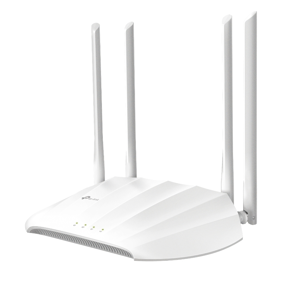 Roteador Wi-Fi branco com quatro antenas e luzes LED