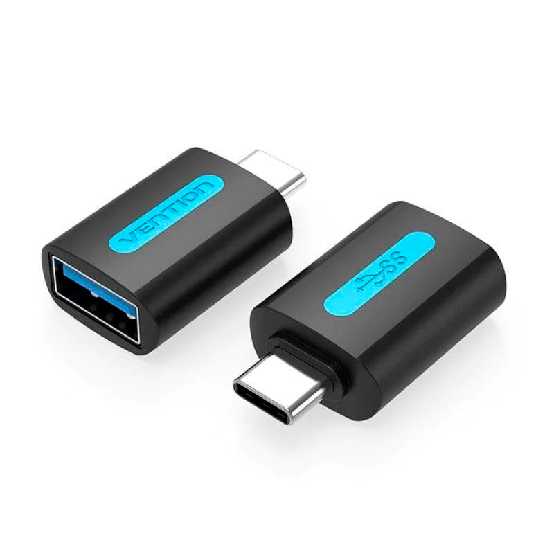 Adaptadores USB tipo C preto com detalhes azuis e texto Vention e SS USB