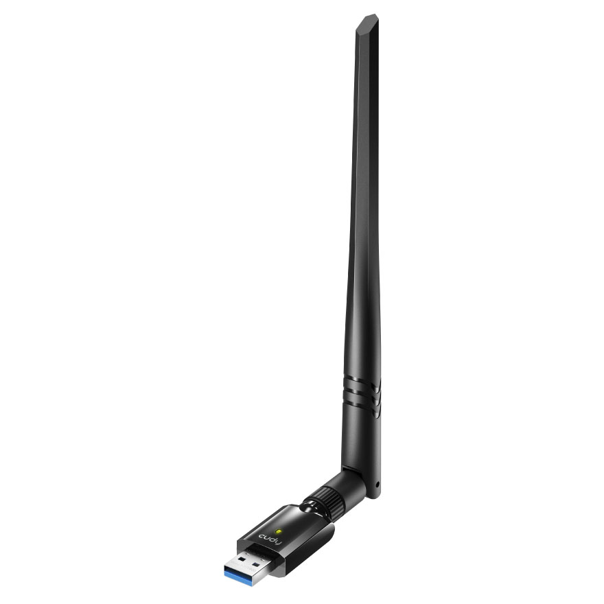 Adaptador USB Wi-Fi preto com antena e conector USB 3.0