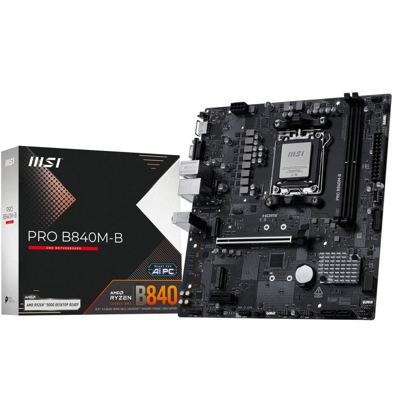 Placa-mãe MSI PRO B840M-B com caixa ao lado
