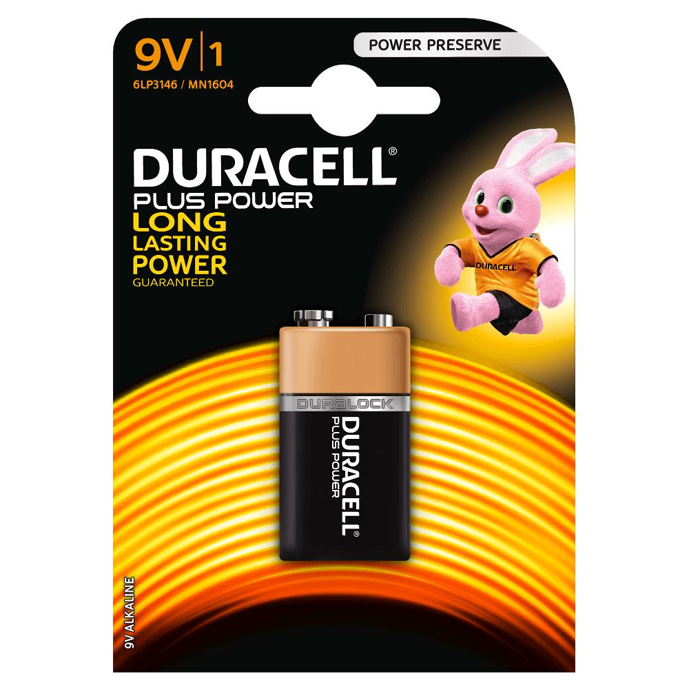 Embalagem de pilha alcalina Duracell Plus Power 9V com coelho rosa mascote