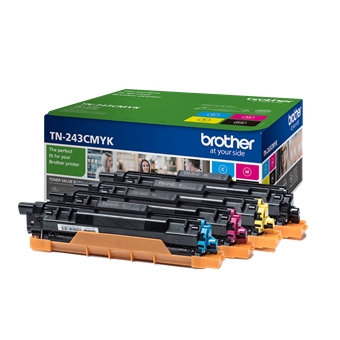 Cartuchos de toner Brother TN-243CMYK em várias cores com embalagens
