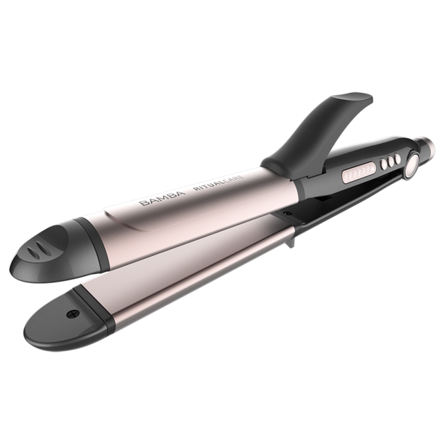 Alisador e modelador de cabelo metálico prateado com detalhes pretos e botões