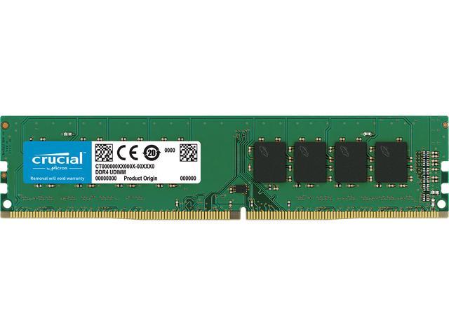 Módulo de memória RAM DDR4 verde com chips pretos e etiqueta da Crucial.