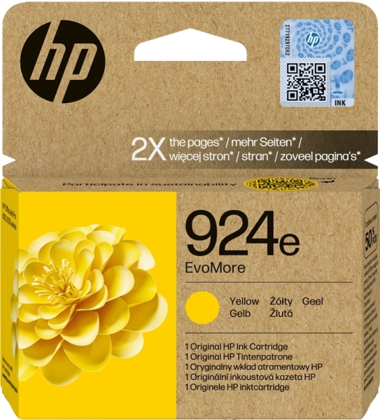Embalagem de cartucho de tinta HP 924e EvoMore amarela com imagem de flor.