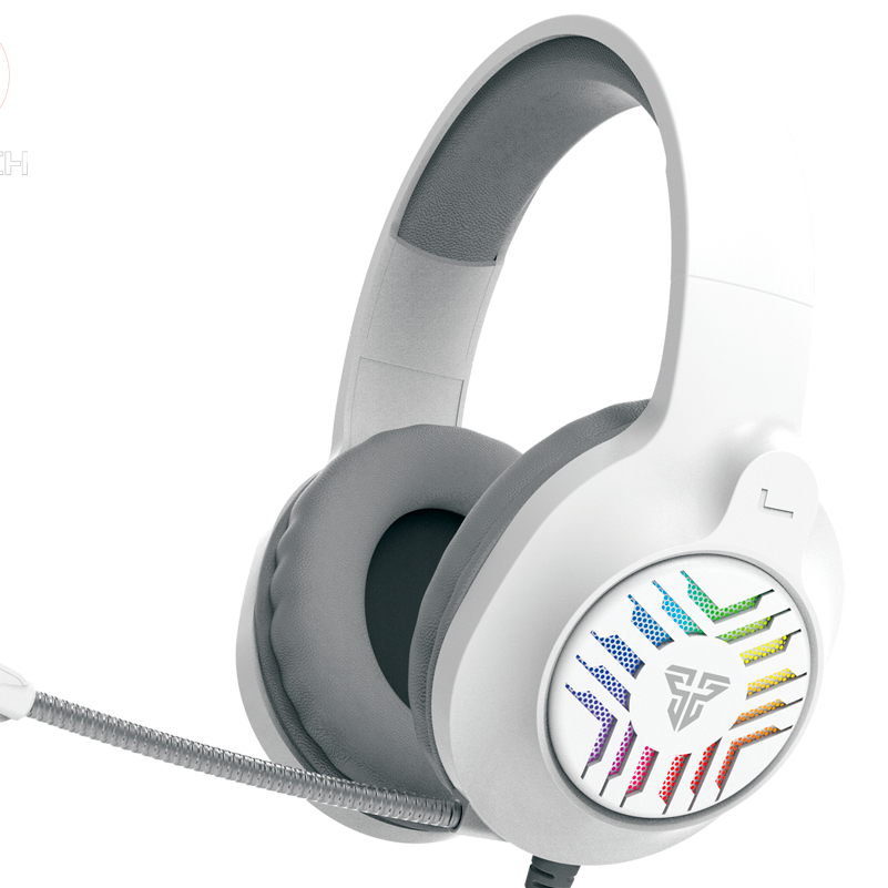 Auscultadores gamers brancos com microfone e detalhes coloridos.