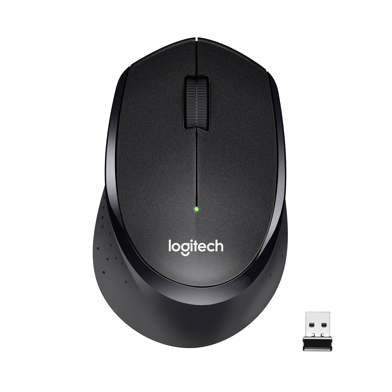 Rato wireless preto da marca Logitech com recetáculo USB separado