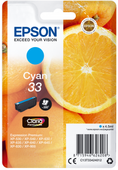 Embalagem de tinta para impressora Epson ciano 33 com imagem de laranja cortada