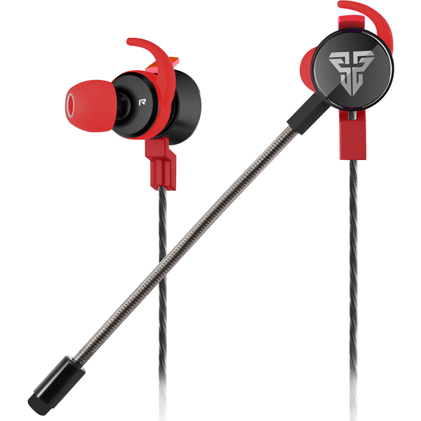 Auriculares intra-auriculares vermelho e preto com microfone