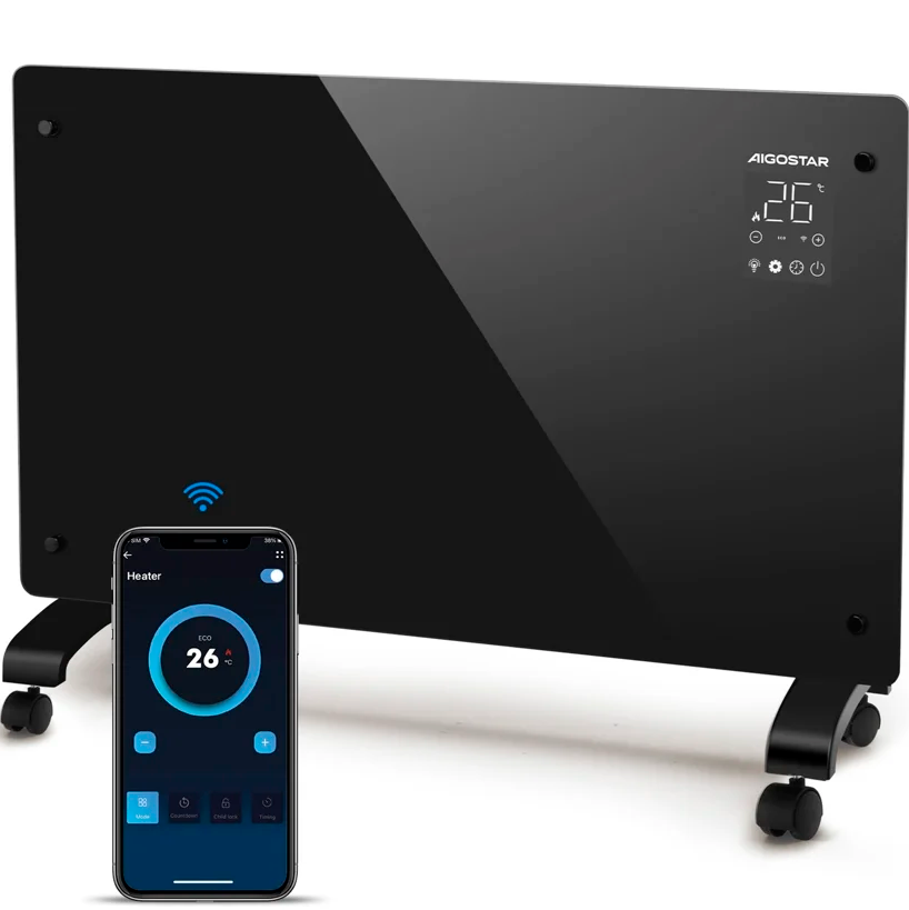 Aquecedor portátil preto AIGOSTAR com ecrã digital e controlo por smartphone